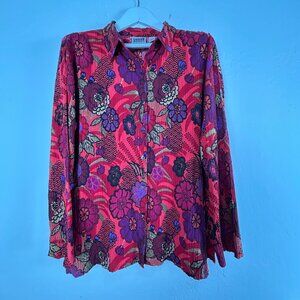 Chico's Design Womens Floral Textured Button-Down Shirt Size 3 Silk Blend Red